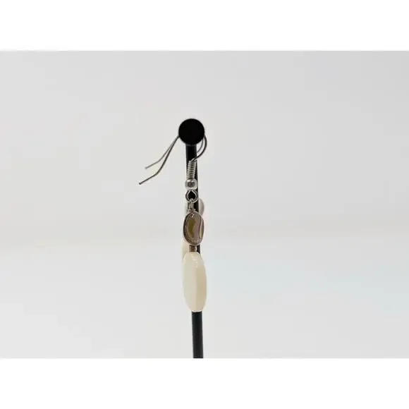 Silver Tone White Iridescent Bead Dangle Boho Pierced Earrings - Picture 4 of 6